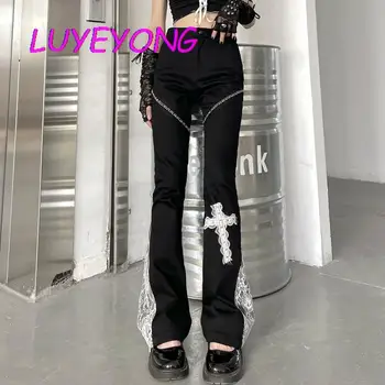 Harajuku Sonbahar Beyaz Dantel Çapraz Kadın Sokak Koyu Goth Pantolon Siyah Gotik Bayan Serin Flare uzun pantolon 2022 Yaz Yeni Streetwear