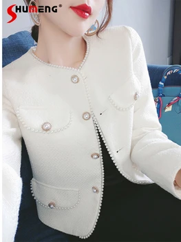 Kore Şık Boncuklu Beyaz Yün Ceket Kadınlar için 2020 İlkbahar Sonbahar Yeni High-End Mizaç Rahat Uzun Kollu Kısa Tüvit Ceket
