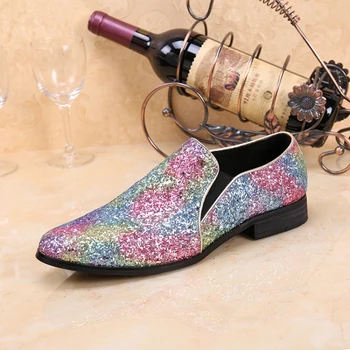 Christia Bella Yeni Moda Parlayan Renk Sequins Gerçek Deri Erkek Artı Boyutu Sivri Burun parti ayakkabıları Gece Kulübü Balo erkek ayakkabıları
