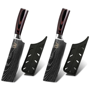 XYJ Japon Cleaver Nakiri Bıçak Seti 7 İnç Pakka Ahşap Saplı Paslanmaz Çelik Et Sebze Doğrama Çatal Pişirme Bıçakları