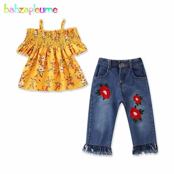 2 Adet/2-7Years / Yaz Bebek giyim setleri Toddler Kız Kıyafetler Moda Çiçekler Çocuklar T-shirt + Kot Çocuk Giysileri İçin BC1283