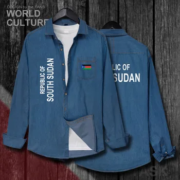 Güney Sudan Sudan SSD Erkekler Bayrakları üstleri Sonbahar Pamuk Turn-aşağı Yaka Kot Gömlek Uzun Kollu moda Kovboy Ceket Elbise yeni