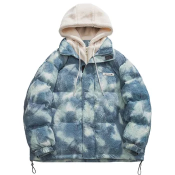 Kış Parka Erkekler Harajuku Streetwear Kravat boya Estetik Grafik Polar Kapşonlu Yastıklı Kirpi Ceketler Moda Sıcak Kalın Peluş Ceket