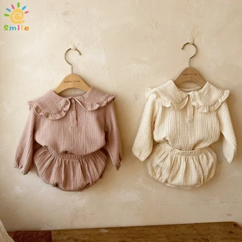 Bebek Kız Giysileri 2023 Sonbahar Bebek Kız Takım Elbise Buruşuk Nane Pamuk Lotus Yaprağı Yaka Yaka Üst + Ekmek Pantolon Yenidoğan günlük giysi