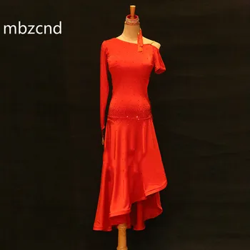 Parlak Kırmızı Latin Dans Elbise Kadın Eğimli Omuz Uzun Kollu Sarılmış Pilili Kılçık Etek Kadın Latin Elbiseler