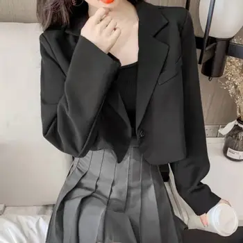 Şık Ofis Blazer Dekoratif Cep Hafif Takım Elbise Ceket Yaka Kısa Tip Kadın Çentikli Yaka Ofis Blazer