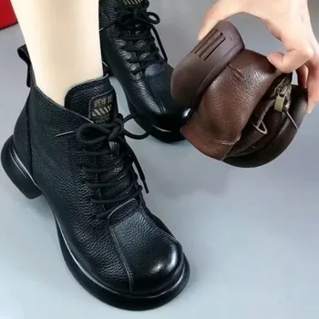 Patik kadın Sonbahar / Kış 2022 Yeni Yuvarlak Ayak Kravat Kalın Çizmeler Düşük Creeded Yumuşak Deri bayan Botları Zapatos Mujer