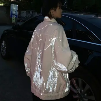 Yansıtıcı Graffiti Baskı Gevşek Yatak Açma Boyun Düğmesi Ceket Sonbahar Harajuku Streetwear Denim Ceket Kadın erkek kotları Rüzgarlık