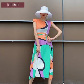 Changpleat 2021 yaz yeni kadın kontrast elbise Miyak kat Moda büyük boy geometrik baskı düzensiz dantel orta uzunlukta elbise
