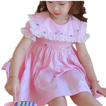 2021 yaz bebek kız vintage önlüklü prenses elbise çocuklar işlemeli puf kollu mahkemesi tarzı doğum günü partisi elbisesi