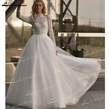 Muhteşem Dantel düğün elbisesi Uzun Gömme Kollu A-Line Yüksek Boyun Düğmeleri Tül gelinlik robe mariage femme