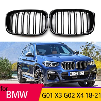 Araba Parlak Siyah BMW için ön tampon ızgarası G01 X3 G02 X4 2018-2021 Spor Izgara Çift Slat Hattı Izgaraları Kindey İzgaralar