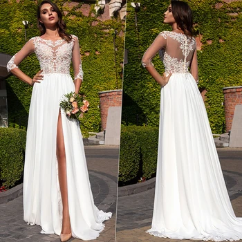 Zarif O-boyun 3/4 Kollu düğün elbisesi Şifon 2022 Moda Dantel Aplikler gelin kıyafeti Yüksek Yarık Illusion Vestido De Noiva