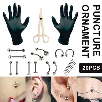 Yeni 20 adet Vücut Piercing Aracı Kiti Kulak Burun Takı Göbek İğneler Seti