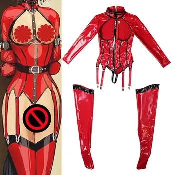Seksi Fetiş Komik Cosplay Setleri Wetlook Kadınlar Parlak Patent Deri Takım Elbise Maruz Bodysuits Egzotik Parti Gece Kulübü Kostüm Özel