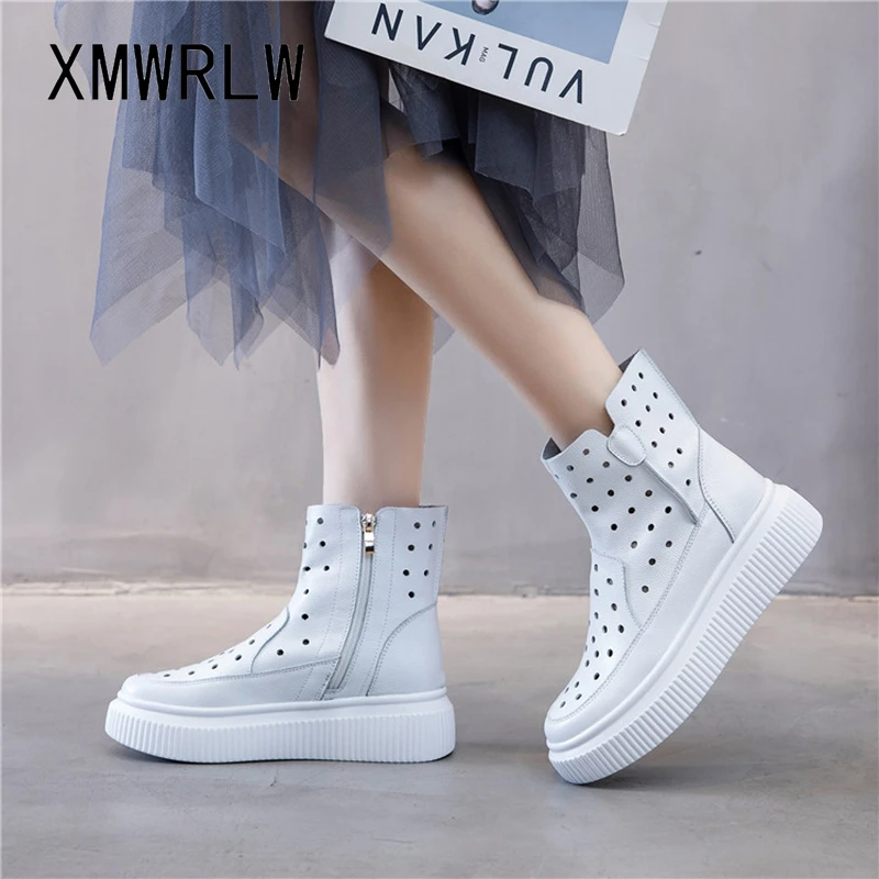 XMWRLW Hakiki Deri Çizmeler Kadınlar İçin Yaz Ayakkabı Kalın Taban Kadın Çizme Moda Düz Renk Kadın yarım çizmeler Yaz Ayakkabı Görüntü 4