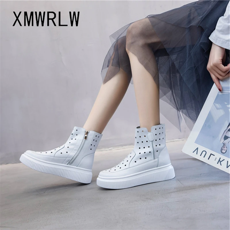 XMWRLW Hakiki Deri Çizmeler Kadınlar İçin Yaz Ayakkabı Kalın Taban Kadın Çizme Moda Düz Renk Kadın yarım çizmeler Yaz Ayakkabı Görüntü 5
