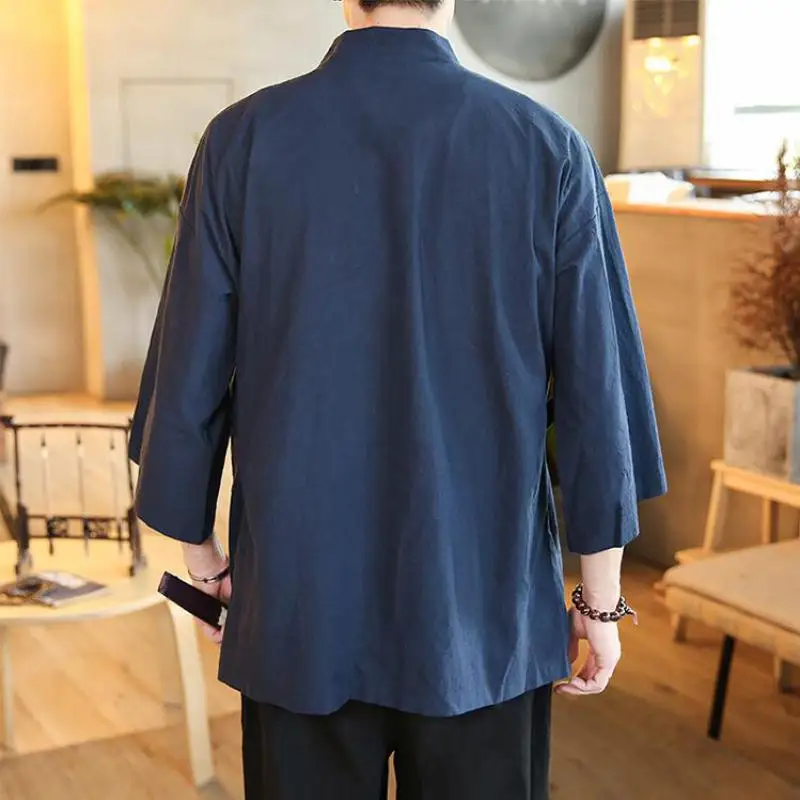 Artı Boyutu Gevşek Fit Japon Streetwear Kimono Gömlek Erkekler Düz Renk 3/4 Kollu Yaz Hırka Erkek Gömlek Görüntü 4