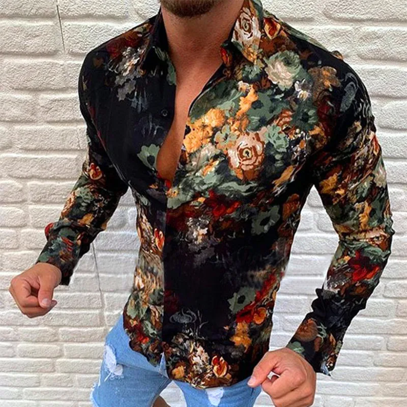Yeni Stil erkek Rahat Uzun Kollu Gömlek Moda Çiçek 3D Baskılı Turn-Aşağı Yaka Slim Fit Gotik Parti Tek Göğüslü Gömlek Görüntü 2