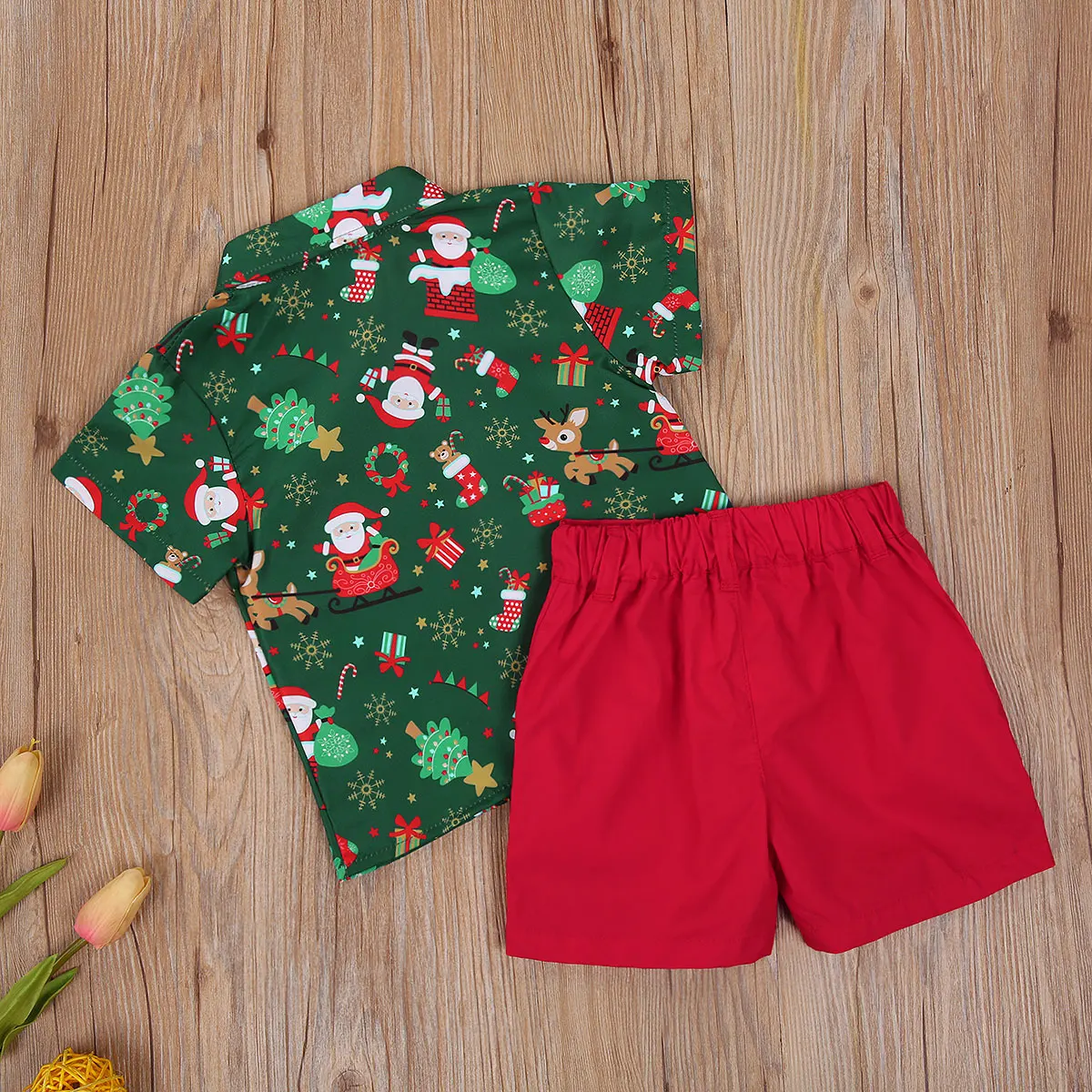 Toddler Erkek Bebek Noel Giysileri Set Çocuklar Yaz Kısa Kollu Santa Baskı Gömlek + Kırmızı Şort Gentalmen Takım Elbise 2-6Years Görüntü 2