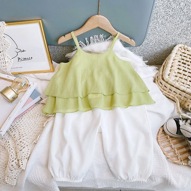 2022 Moda Bebek Giysileri Yaz Düz Renk Kolsuz Gömlek + Pantolon İki adet Takım Elbise Çocuk Kız Kostüm Kıyafet Rahat Setleri Görüntü 1