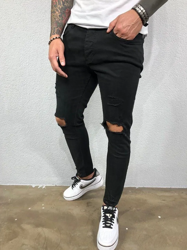 Erkek Kot Siyah Mavi Serin Sıska Diz Delik Yırtık Streç Ince Elastik Denim Pantolon Düz Renk Yüksek Sokak Tarzı Pantolon Adam Görüntü 1