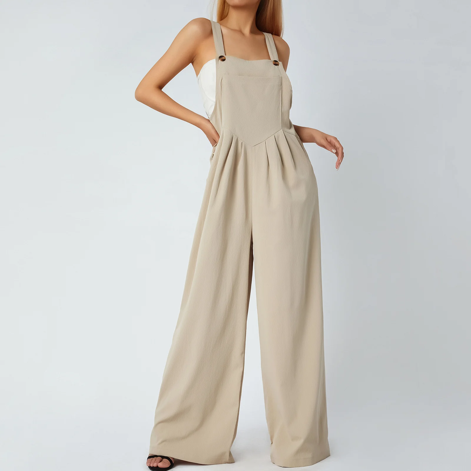 Kadın Yaz Rahat Düğmeler Geniş Bacak Askı Tulum Cepler ile Moda Düz Renk Tulumlar Streetwear Kadın Pantolon Görüntü 1