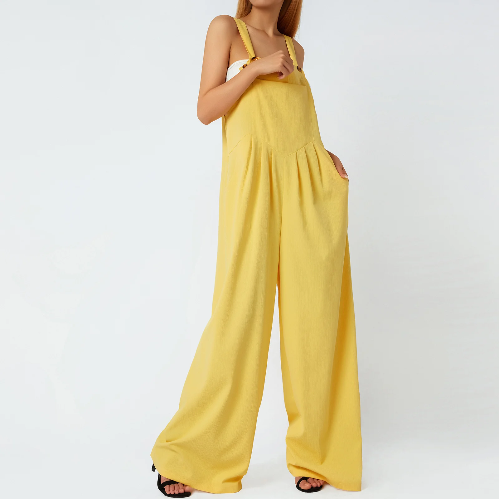 Kadın Yaz Rahat Düğmeler Geniş Bacak Askı Tulum Cepler ile Moda Düz Renk Tulumlar Streetwear Kadın Pantolon Görüntü 3