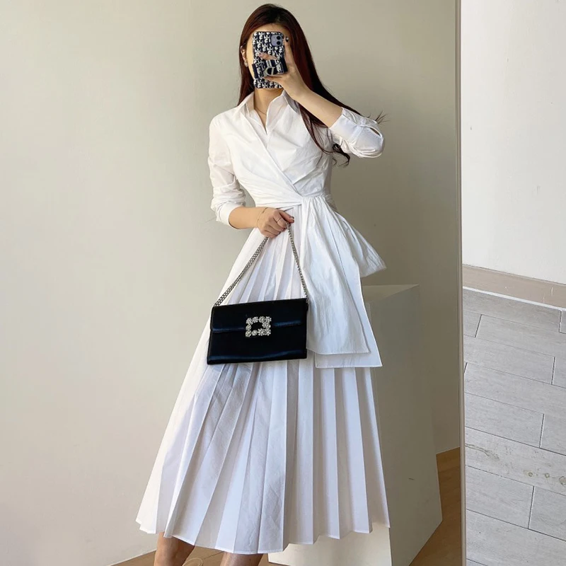 Kadın Elbise Haki Uzun Kollu Pilili Sonbahar Etek Sadelik Çapraz Sapanlar Kapatmak için Bel Yeni Yaka Uzun Kollu Moda Elbiseler Görüntü 1