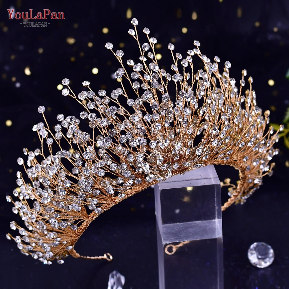 YouLaPan Altın Gelin yapay elmas taç düğün saç aksesuarları Takı Gelin Kafa Bandı Lüks Kadınlar Tiara Pageant Şapkalar Görüntü 4