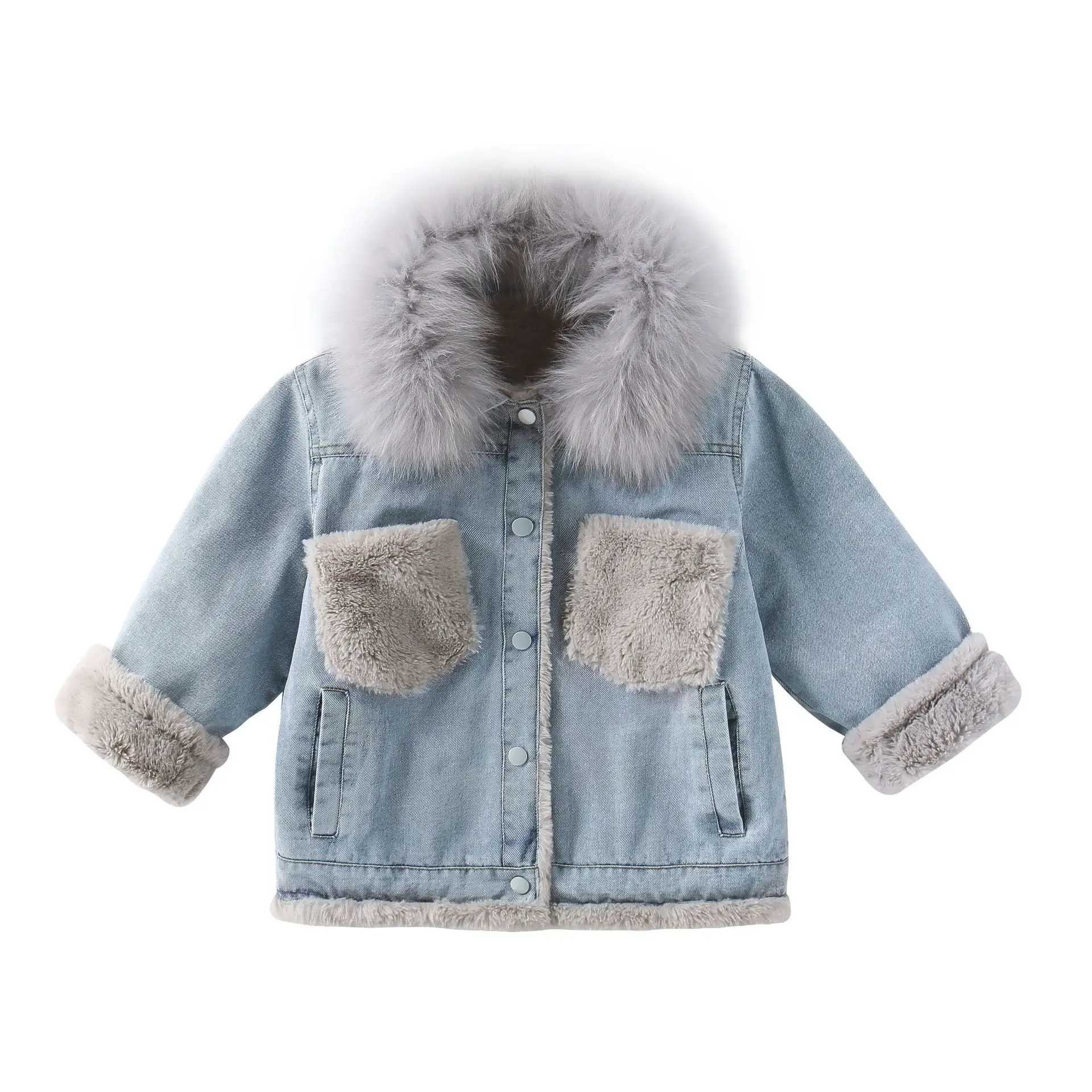 Genç Kız Denim Ceket Kış Sonbahar Çocuk Faux Kürk Ceket Sıcak Denim Patchwork Ceket Çocuk Casual Dış Giyim Kalın Sıcak Palto Görüntü 4