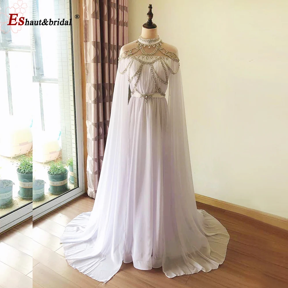 Dubai Şifon Abiye Gece Elbiseleri Aline Kristal El Yapımı Yüksek Boyun Uzun Arapça Örgün Düğün Balo Parti Törenlerinde Görüntü 0