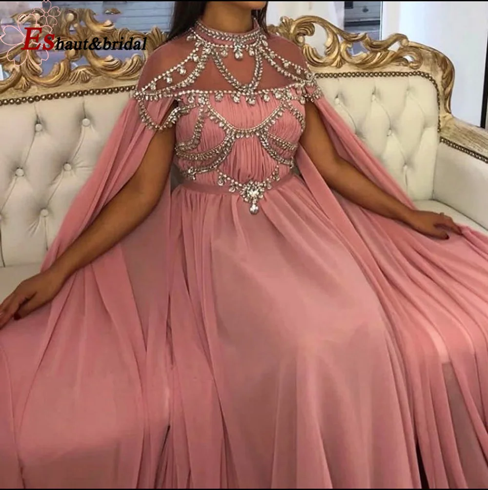 Dubai Şifon Abiye Gece Elbiseleri Aline Kristal El Yapımı Yüksek Boyun Uzun Arapça Örgün Düğün Balo Parti Törenlerinde Görüntü 4